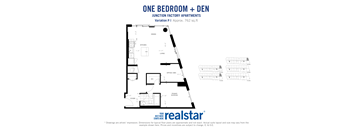 One bedroom plus den, one bathroom apartment layout at Junction Factory Apartments in Toronto, ON