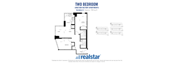 Two bedroom, Two bathroom apartment layout at Junction Factory Apartments in Toronto, ON