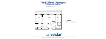Two bedroom, Two bathroom penthouse apartment layout at Junction Factory Apartments in Toronto, ON