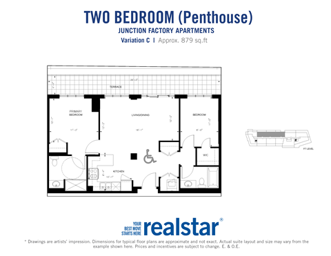Two bedroom, Two bathroom penthouse apartment layout at Junction Factory Apartments in Toronto, ON