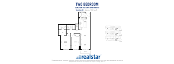 Two bedroom, Two bathroom apartment layout at Junction Factory Apartments in Toronto, ON