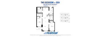 Two bedroom plus den, Two bathroom apartment layout at Junction Factory Apartments in Toronto, ON