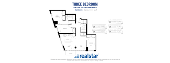 three bedroom, Two bathroom apartment layout at Junction Factory Apartments in Toronto, ON