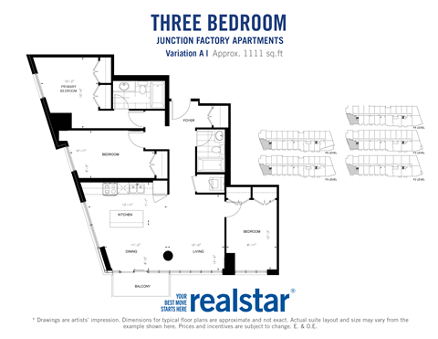 three bedroom, Two bathroom apartment layout at Junction Factory Apartments in Toronto, ON