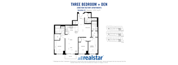 Three bedroom, Three bathroom apartment layout at Junction Factory Apartments in Toronto, ON