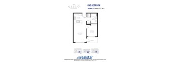 A floor plan for a one bedroom apartment at Kaslo East Village.