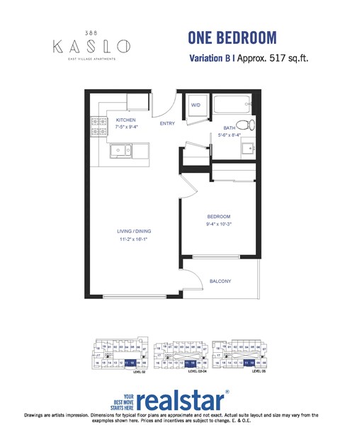 A floor plan for a one bedroom apartment at Kaslo East Village.