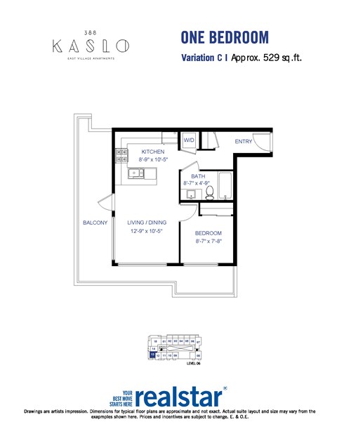 A floor plan for a one bedroom apartment at Kaslo East Village.