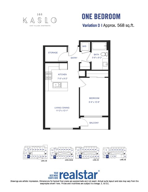 A floor plan for a one bedroom apartment at Kaslo.
