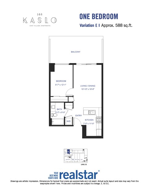 A floor plan for a one bedroom apartment at Kaslo.