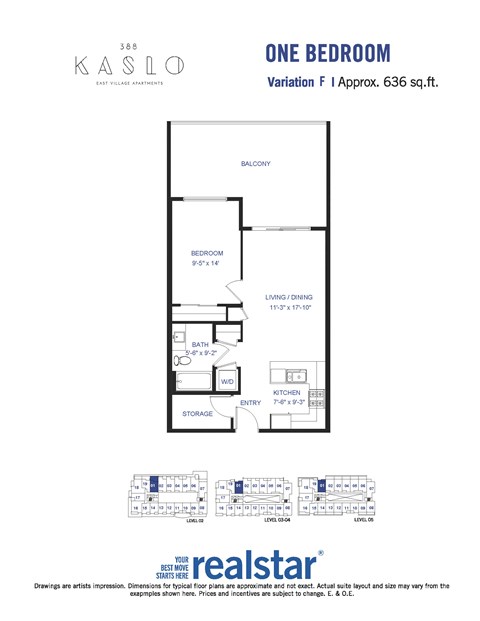 A floor plan for a one bedroom apartment at Kaslo.