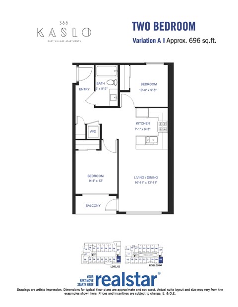 A floor plan for a two-bedroom apartment at Kaslo East Village.
