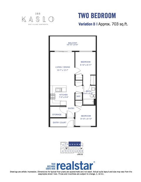 A floor plan for a two-bedroom apartment at Kaslo East Village.