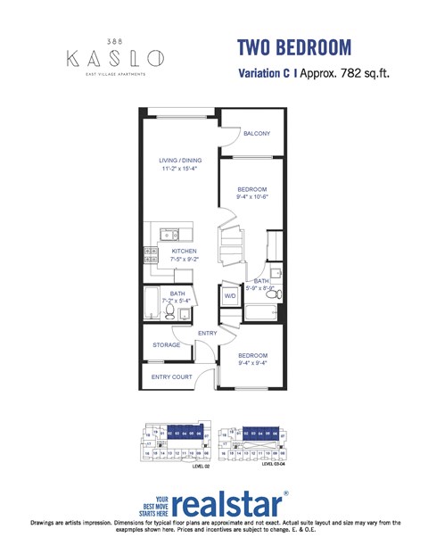 A floor plan for a two bedroom apartment at Kaslo.