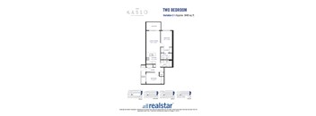 A floor plan for a two-bedroom, two-bathroom apartment at Kaslo East Village.
