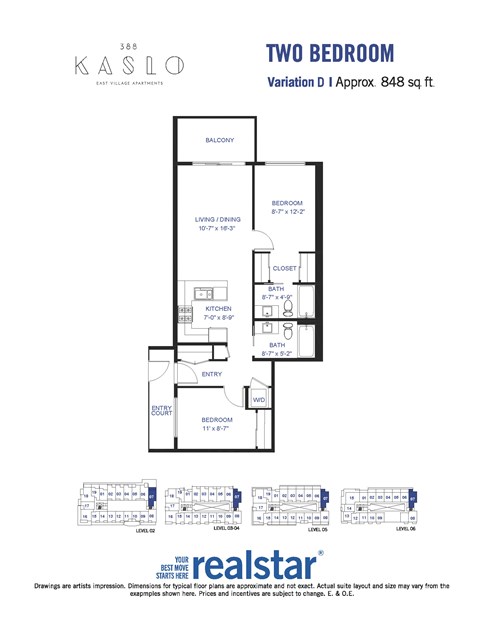 A floor plan for a two-bedroom, two-bathroom apartment at Kaslo East Village.
