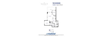 A floor plan for a two-bedroom, two-bathroom apartment at Kaslo East Village.