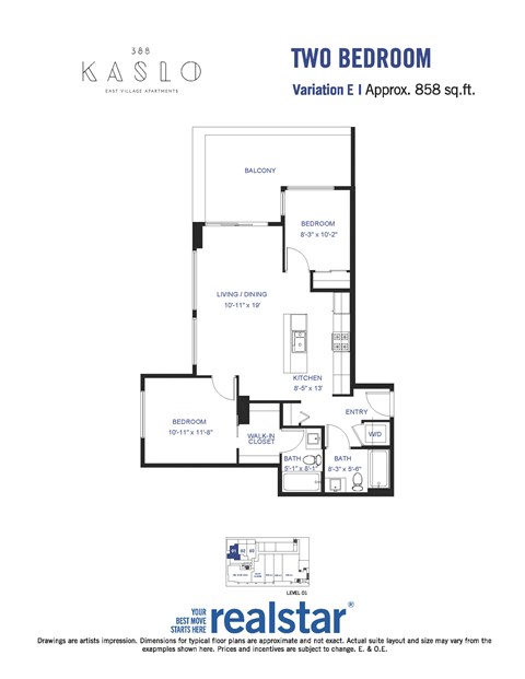 A floor plan for a two-bedroom, two-bathroom apartment at Kaslo East Village.
