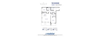 A floor plan for a two-bedroom, two-bathroom apartment at Kaslo East Village.