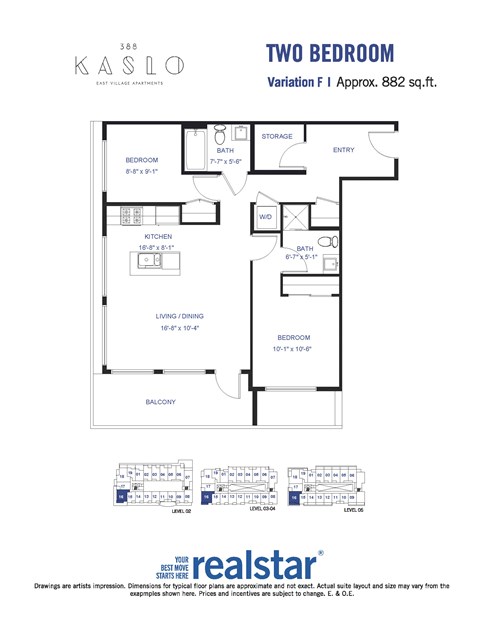 A floor plan for a two-bedroom, two-bathroom apartment at Kaslo East Village.