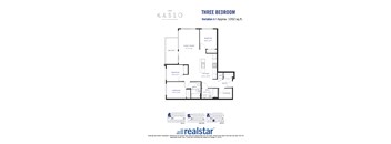 A floor plan for a three-bedroom apartment at Kaslo East Village.