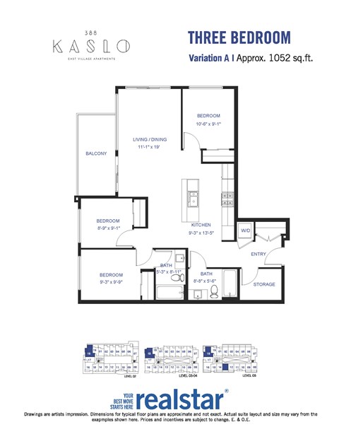 A floor plan for a three-bedroom apartment at Kaslo East Village.