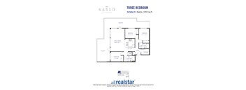 A floor plan for a three-bedroom apartment at Kaslo East Village.
