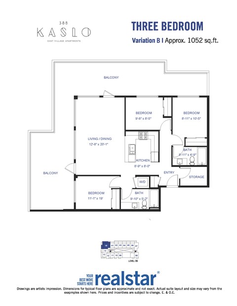 A floor plan for a three-bedroom apartment at Kaslo East Village.