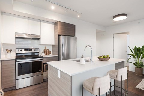A modern kitchen with a white island and stainless steel appliances at 388 Kaslo East Village.