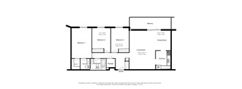Three bedroom, one bathroom apartment layout at Lorneville Apartments in Cornwall, ON.