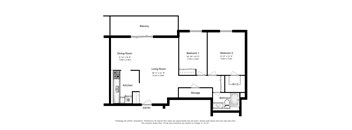 Two bedroom, one bathroom apartment layout at Lorneville Apartments in Cornwall, ON