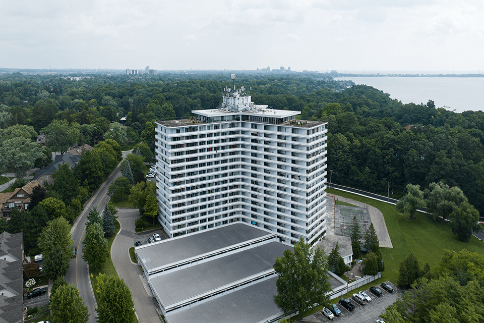 La Salle Towers building drone exterior featuring the lake in Burlington, ON