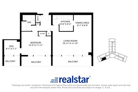 La Salle Towers one bedroom, one bathroom variation B layout in Burlington, ON
