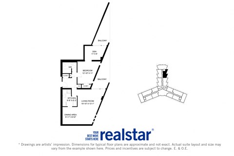 La Salle Towers one bedroom, one bathroom variation C layout in Burlington, ON