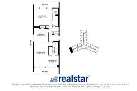 La Salle Towers two bedroom, one bathroom variation B layout in Burlington, ON