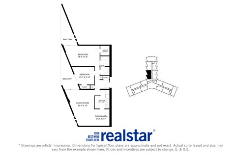 La Salle Towers two bedroom, one bathroom variation C layout in Burlington, ON