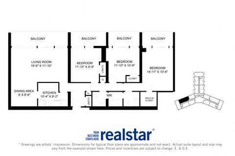 La Salle Towers three bedroom, two bathroom variation A layout in Burlington, ON