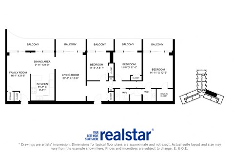 La Salle Towers three bedroom, two bathroom variation C layout in Burlington, ON