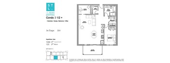 One bedroom plus den, one bathroom apartment layout at Le Saint-Laurent in Brossard, QC