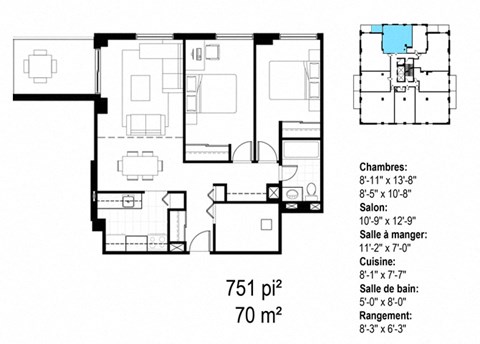 Les Jardins Hauterive in Sherbrooke, QC 2 bed 1 bath floorplan A