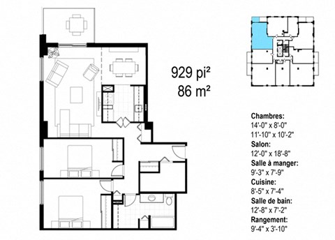Les Jardins Hauterive in Sherbrooke, QC 2 bed 1 bath floorplan B