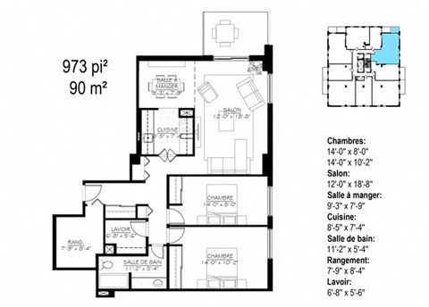 Les Jardins Hauterive in Sherbrooke, QC 2 bed 1 bath floorplan C