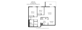 A floor plan of a two bedroom apartment with a living room, dining room, kitchen and bathroom.