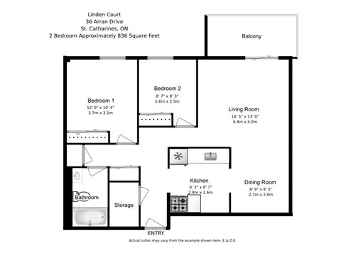 A floor plan of a two bedroom apartment with a living room, dining room, kitchen and bathroom.