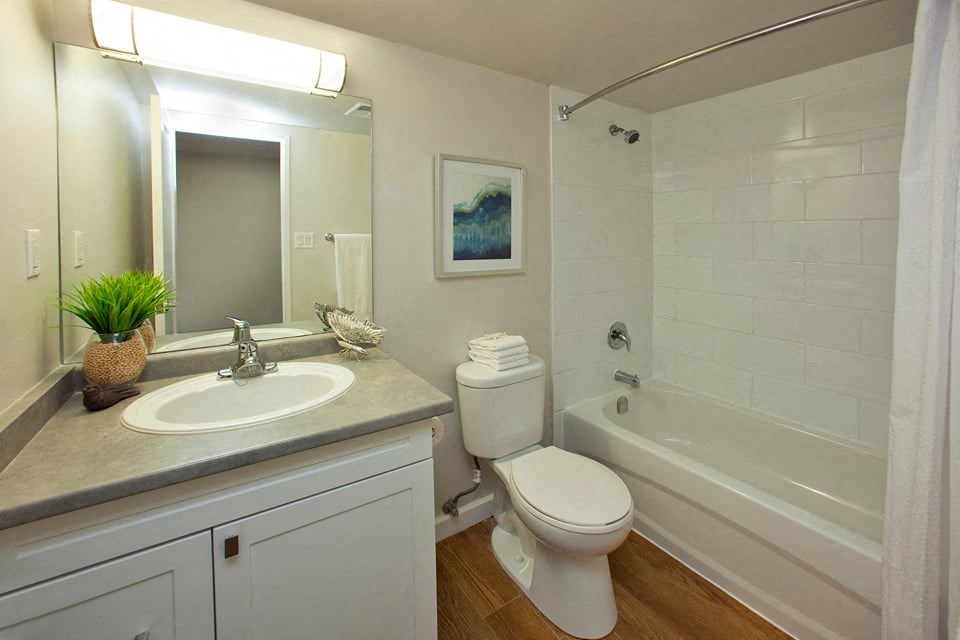 Linden Court modern bathroom with full size bathtub in St. Catharines, ON