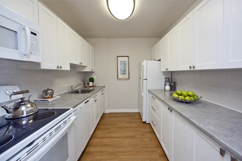 A kitchen with white cabinets and a grey counter top.