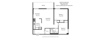 A floor plan of a two bedroom apartment with a kitchen and living room.
