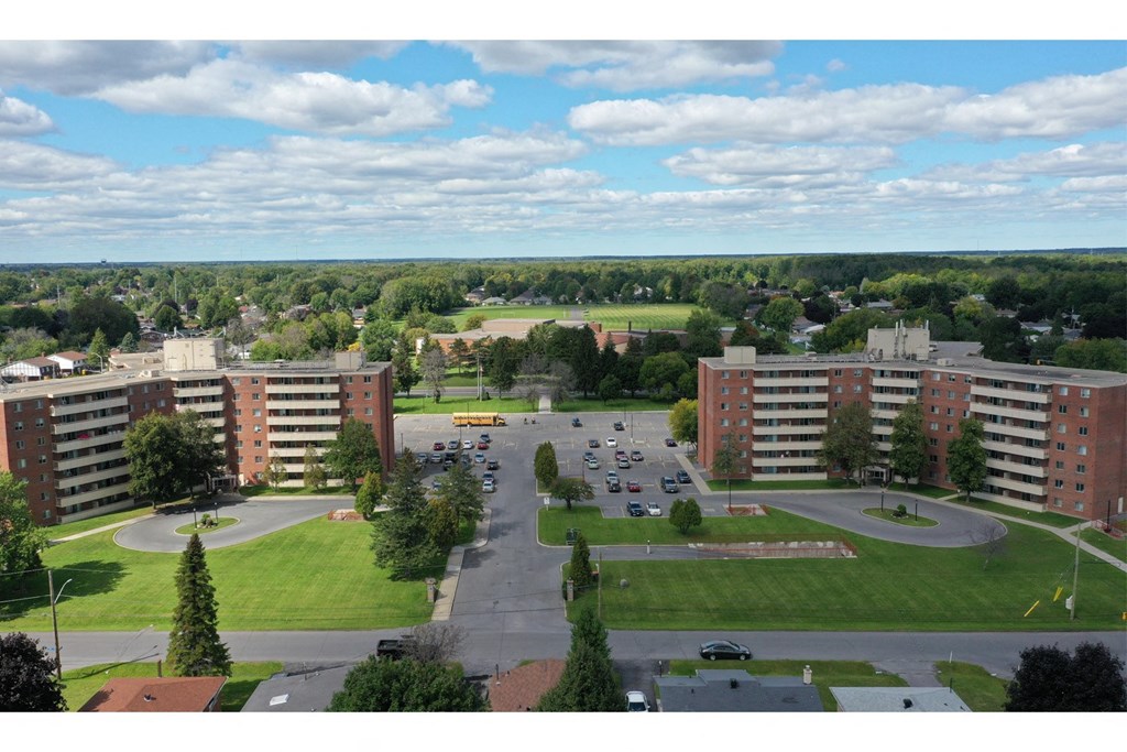 Lorneville Apartments drone image of south side, front exterior of building in Cornwall, ON