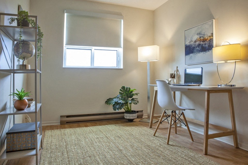 Second bedroom, set up as a home office at Lorneville Apartments in Cornwall, ON