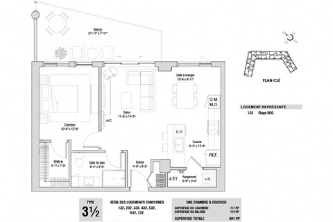 Lumineau in Sherbrooke, QC 1 bed 1 bath floorplan with walk-in closet
